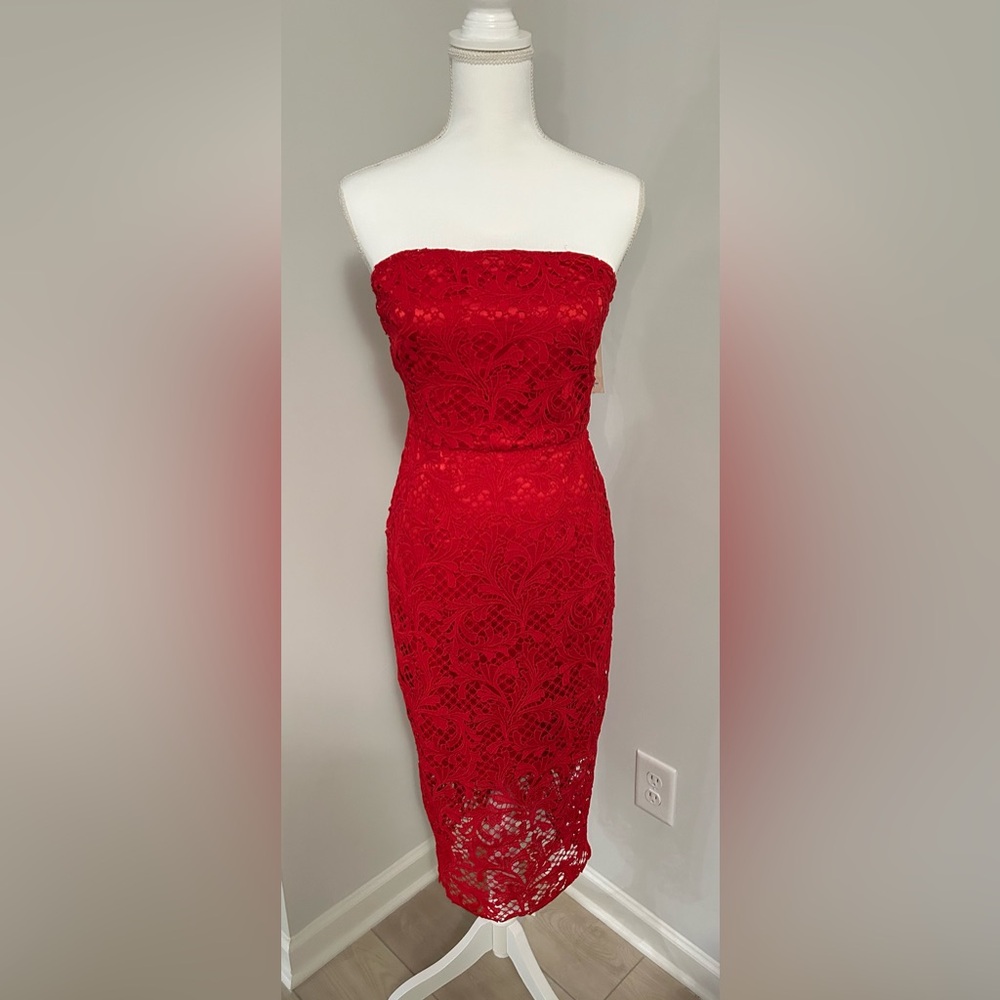 TOP SHOP Red Lace Sheath Dress Mid Calf length red size 4